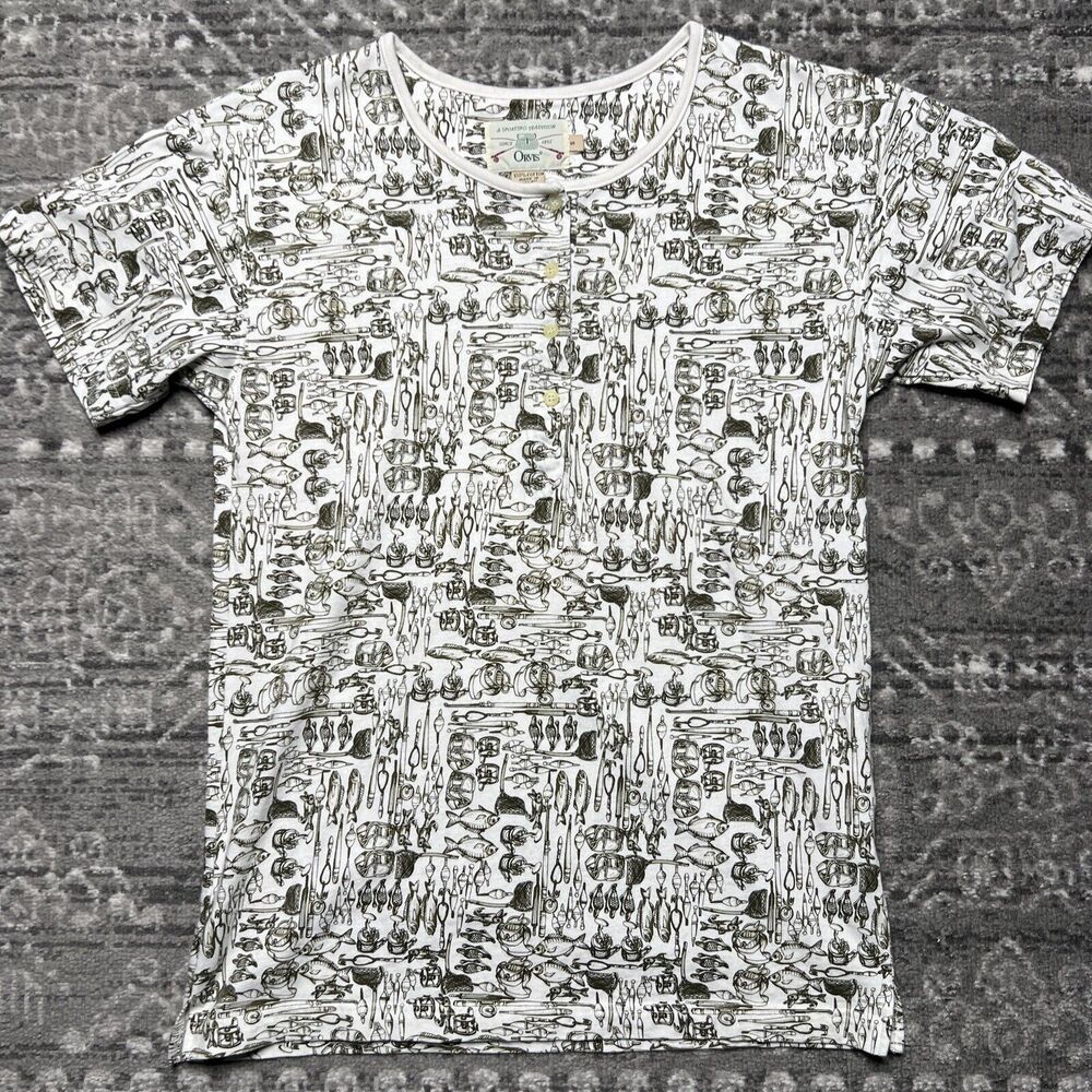 Vintage Orvis Novelty Print Fly Fishing Henley Shirt Womens Small Fish Rod RARE